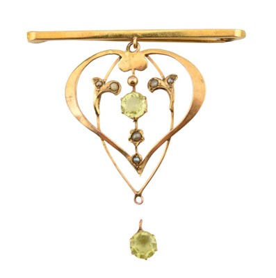 Lot 558 - 18CT GOLD BAR BROOCH WITH 9CT ART NOUVEAU PENDANT