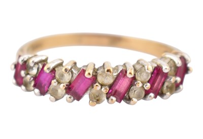 Lot 242 - HALLMARKED 9CT GOLD SYNTHETIC RUBY HALF HOOP RING