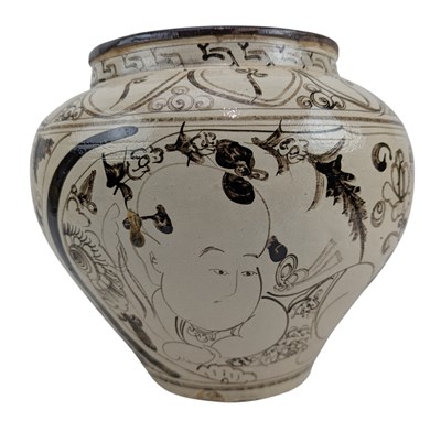 Lot 22 - CHINESE CIZHOU STONEWARE JAR / VASE 磁州戏 婴纹`罐
