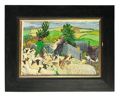 Lot 42 - SHEILA HORTON (B. 1936) - SHEEP SHAVING, TY REDHYN, 1995 - ACRYLIC ON PAPER