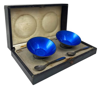 Lot 115 - CASED SET OF SILVER 925 & BLUE ENAMEL DANISH CONDIMENT SET