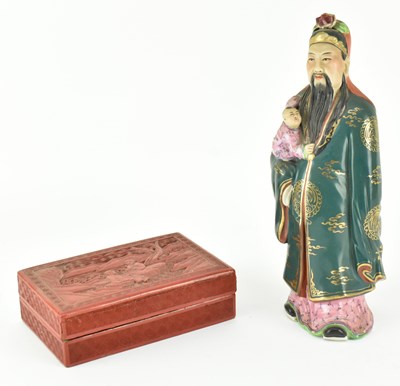 Lot 206 - EARLY 20TH CENTURY CINNABAR LACQUERED BOX AND GOD OF PROSPERITY