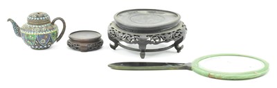 Lot 42 - VINTAGE JAPANESE CLOISONNE TEAPOT, MIRROR & WOODEN STANDS