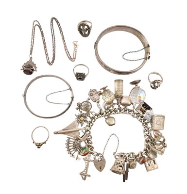 Lot 335 - SILVER CHARM BRACELET, BANGLES, RINGS & NECKLACE PENDANT