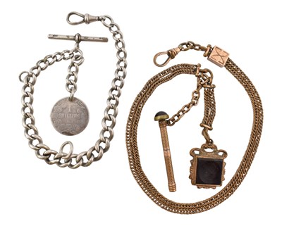 Lot 376 - VICTORIAN YELLOW METAL ALBERT CHAIN WITH FOB & SILVER BRACELET