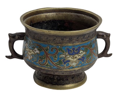 Lot 120 - QING DYNASTY OR LATER CLOISONNE ENAMEL CENSER 清 掐丝珐琅彩双耳香炉