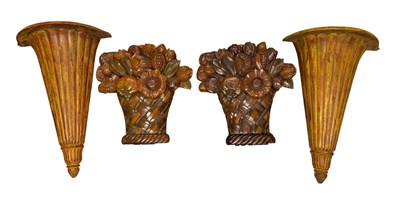 Lot 389 - TWO PAIRS OF VINTAGE LATE 20TH CENTURY PAINTED WOODEN DECORATIVE WALL APPLIQUES