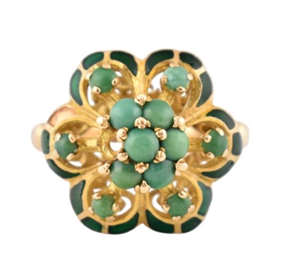 Lot 268 - 18CT GOLD ENAMEL & TURQUOISE CLUSTER RING