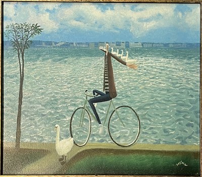 Lot 60 - DAVID EUSTACE (B. 1961) - BRINGING IN THE SWANS - OIL & ACRYLIC ON BOARD