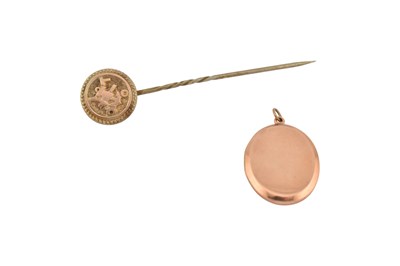 Lot 382 - 15CT GOLD PENDANT & GOLD PLATED TOPPED STICK PIN
