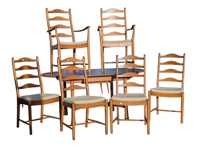 Lot 568 - ERCOL FURNITURE - BEECH & ELM EXTENDING DINING TABLE W/ LADDER BACK CHAIRS