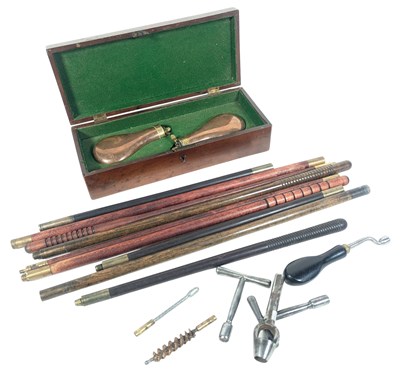 Lot 472 - TWO MUSKET POWDER FLASKS & CLEANING RODS