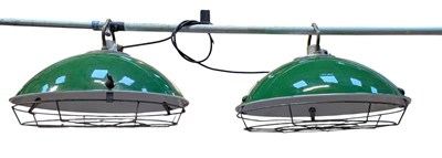 Lot 425 - LARGE PAIR OF VINTAGE INDUSTRIAL GREEN ENAMEL CEILING LIGHTS