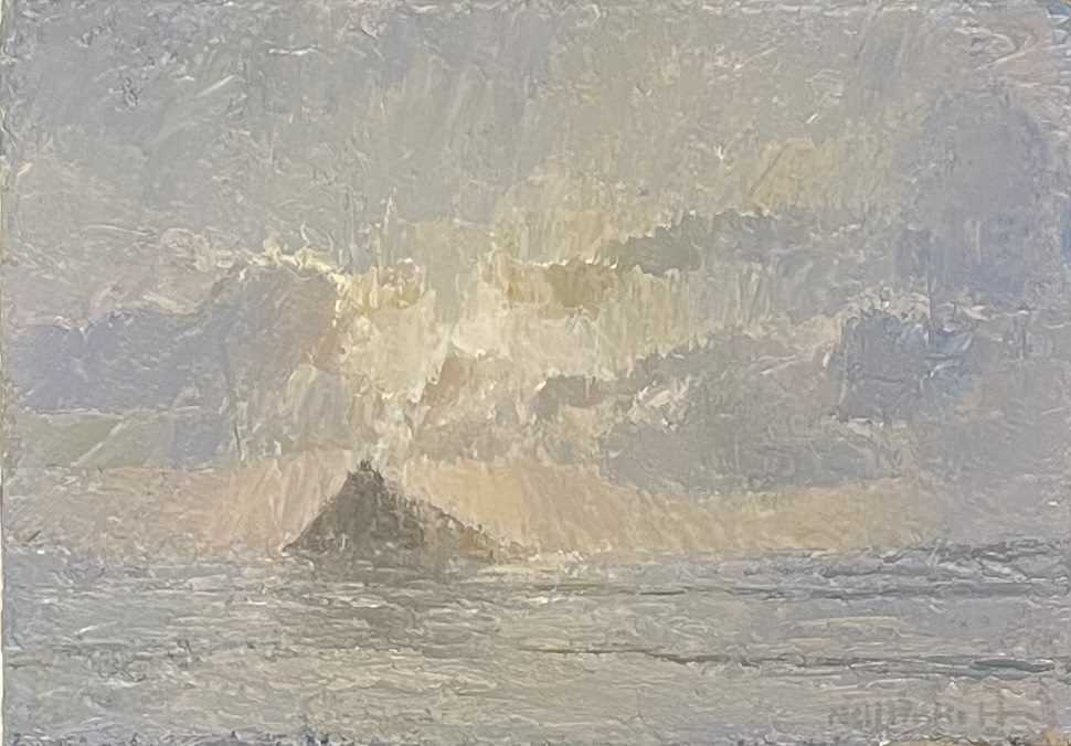 Lot 79 - NEIL PINKETT (B. 1958) - THE MOUNT, DRAMATIC LIGHT, DEB '14 - OIL ON BOARD