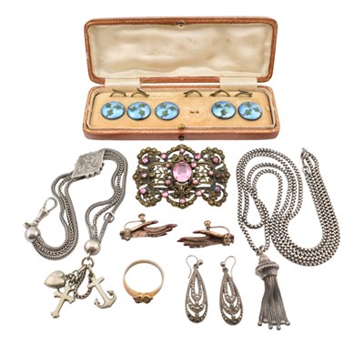 Lot 333 - VICTORIAN SILVER WATCH CHAINS ENAMEL BUTTONS & EARRINGS