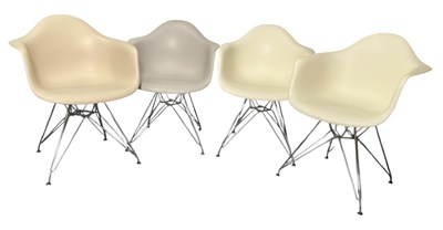 Lot 212 - AFTER EAMES - DAR CHAIR - HARLEQUIN SET OF FOUR DINING CHAIRS