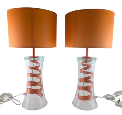 Lot 358 - PAIR OF CONTEMPORARY DESIGN GLASS SPIRAL DESK LAMPS IN ORANGE