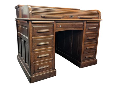 Lot 940 - 20TH CENTURY ROLL TOP / TAMBOUR OAK TWIN PEDESTAL DESK