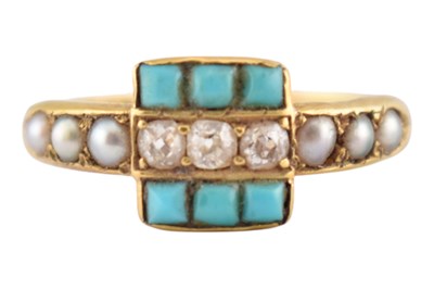 Lot 26 - 19TH CENTURY 18CT GOLD DIAMOND TURQUOISE & PEARL RING