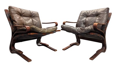 Lot 63 - ODDVIN RYKKEN - PAIR OF SCANDINAVIAN MID CENTURY 1960S BENTWOOD & LEATHER CHAIRS