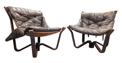 Lot 130 - JIM MYRSTAD X BRUNSTAD - VIKING - PAIR OF SCANDINAVIAN 1970S LEATHER & BENTWOOD LOUNGE CHAIRS