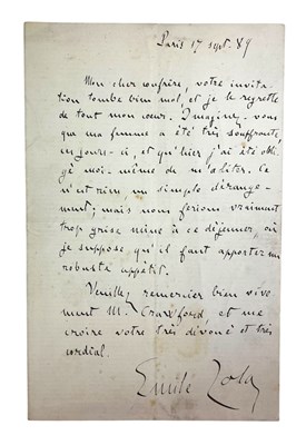 Lot 28 - ZOLA, EMILE: 1889 HANDWRITTEN LETTER