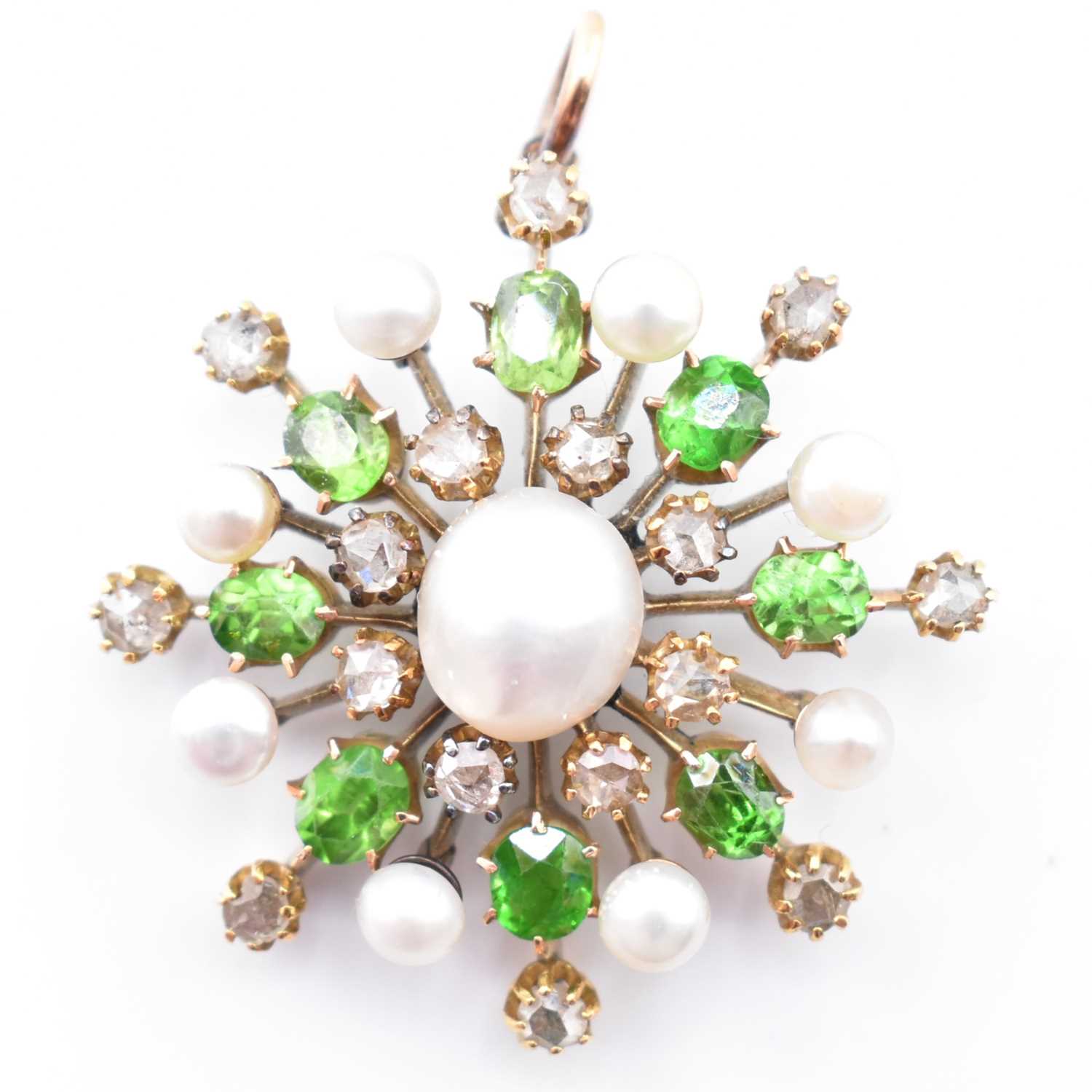 Lot 6 - EDWARDIAN DEMANTOID GARNET PEARL & DIAMOND CLUSTER PENDANT