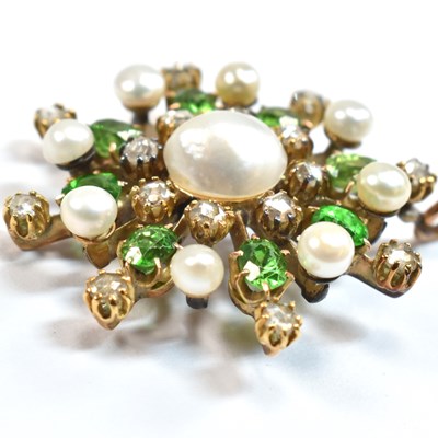 Lot 6 - EDWARDIAN DEMANTOID GARNET PEARL & DIAMOND CLUSTER PENDANT