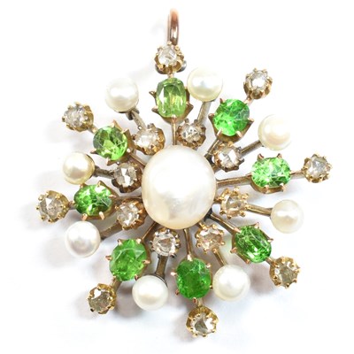 Lot 6 - EDWARDIAN DEMANTOID GARNET PEARL & DIAMOND CLUSTER PENDANT