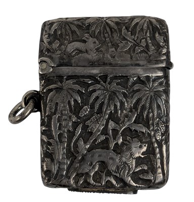 Lot 108 - 20TH CENTURY INDIAN SILVER VESTA CASE WITH PALM TREE & ANIMAL DECORATION