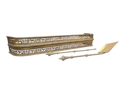 Lot 864 - 19TH CENTURY BRASS KERB FIRE FENDER W/ FIRE IRONS