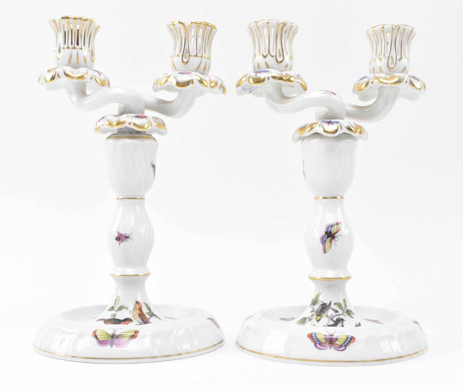 Lot 80 - HEREND, HUNGARY - ROTHSCHILD BIRD PAIR OF PORCELAIN CANDELABRA