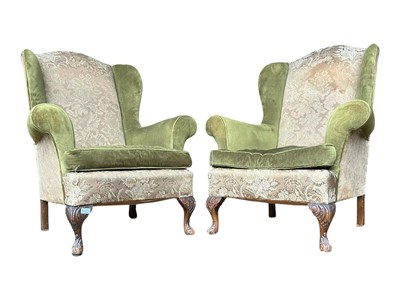 Lot 910 - PAIR OF QUEEN ANNE WING BACK MAHOGANY ARMCHAIRS