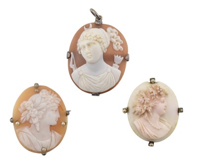 Lot 339 - THREE ANTIQUE CARVED SHELL CAMEO BROOCH PINS