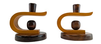 Lot 26 - PAIR OF ART DECO OAK AND SATINWOOD CANDLESTICKS
