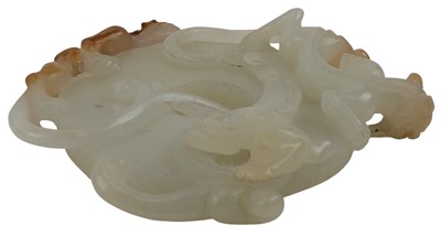 Lot 90 - CHINESE WHITE JADE WITH RUSSET SKIN CARVING 'BI' DISC WITH CHILONG 和田螭龙玉璧