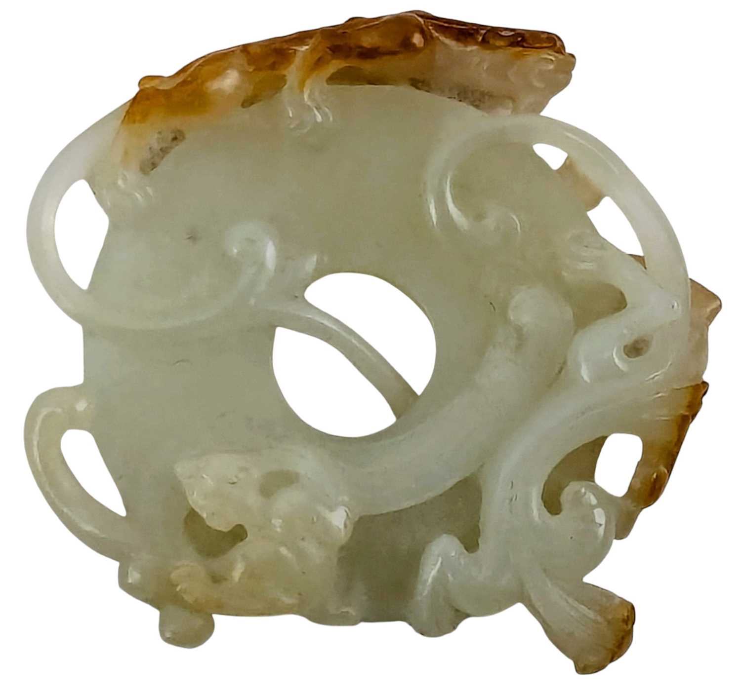 Lot 90 - CHINESE WHITE JADE WITH RUSSET SKIN CARVING 'BI' DISC WITH CHILONG 和田螭龙玉璧