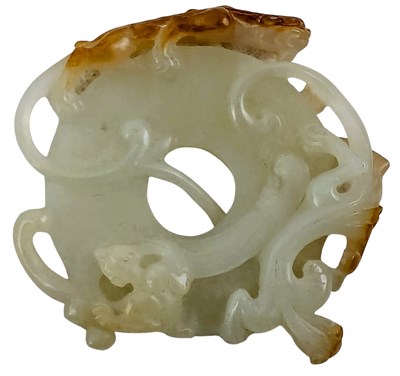Lot 90 - CHINESE WHITE JADE WITH RUSSET SKIN CARVING 'BI' DISC WITH CHILONG 和田螭龙玉璧
