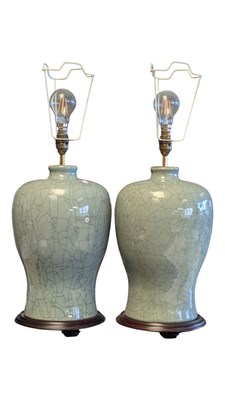Lot 875 - PAIR OF 20TH CENTURY RAKU GLAZED BALUSTER TABLE LAMPS