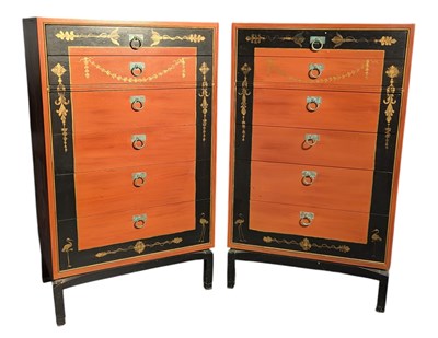 Lot 245 - PAIR OF CHINESE INSPIRED 20TH CENTURY GILT & LACQUERED WORKED CHEST OF DRAWERS