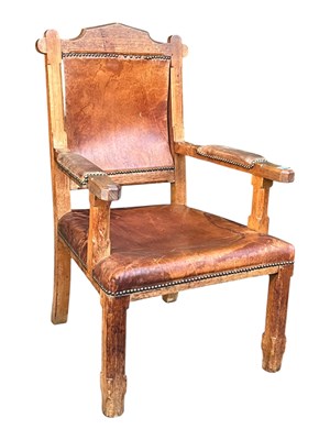 Lot 891 - VICTORIAN 19TH CENTURY ARTS & CRAFTS OAK & LEATHER ARMCHAIR