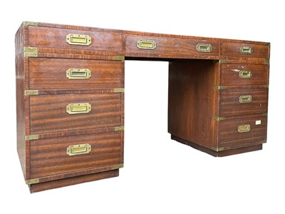 Lot 888 - CAMPAIGN STYLE MAHOGANY & BRASS TWIN PEDESTAL OFFICE WRITING DESK