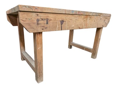 Lot 669 - LARGE VINTAGE 20TH CENTURY PINE WOOD WORKING FACTORY TABLE