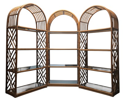 Lot 320 - SET OF THREE RETRO BAMBOO BOOKCASES /DISPLAY SHELVES WITH GLASS SHELVES