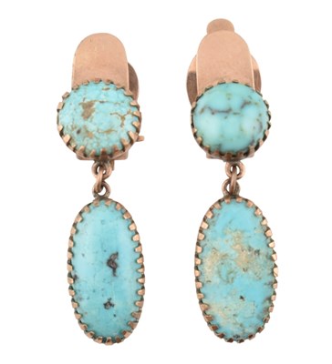 Lot 23 - PAIR OF 9CT GOLD & TURQUOISE CLIP-ON PENDANT EARRINGS