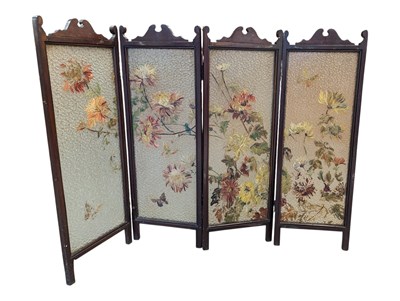 Lot 924 - 19TH CENTURY PAINTED GLASS & MAHOGANY FIRE SCREEN