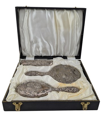 Lot 58 - CASED ELIZABETH II HALLMARKED SILVER DRESSING TABLE / VANITY SET