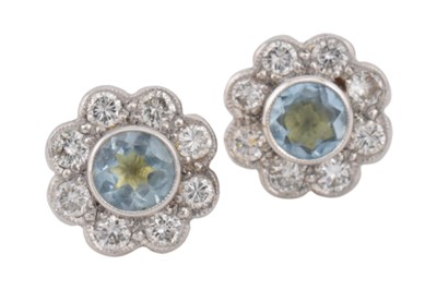 Lot 16 - PAIR HALLMARKED 18CT GOLD AQUAMARINE & DIAMOND EARRINGS