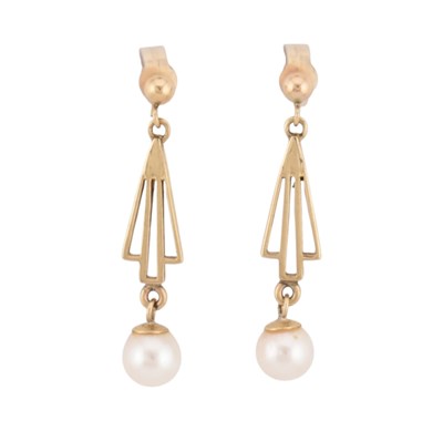 Lot 267 - PAIR HALLMARKED 9CT GOLD & PEARL ART DECO STYLE PENDANT EARRINGS
