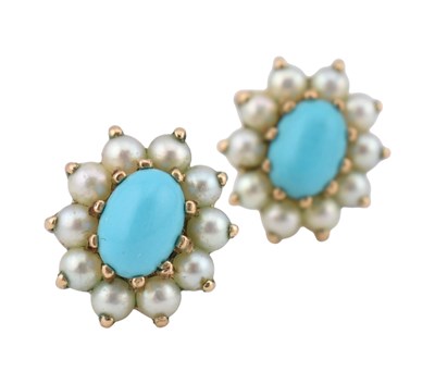 Lot 118 - PAIR HALLMARKED 9CT GOLD TURQUOISE & PEARL CLUSTER EARRINGS